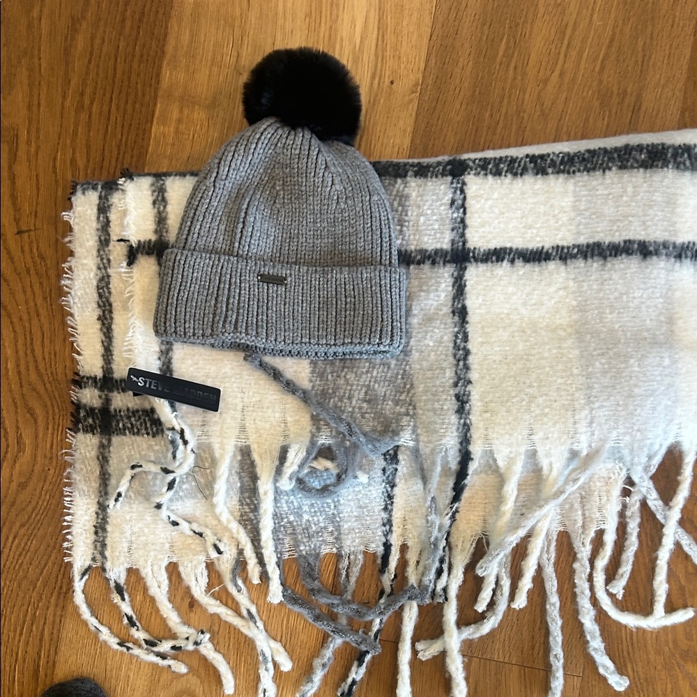 Steve Madden Gray and Cream Scarf with Black Accents and matching Gray Beanie